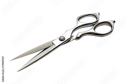 Sharp stainless steel scissors for cutting, isolated on a white background, with black handles, open and ready for use in various tasks including cutting hair, paper, and more