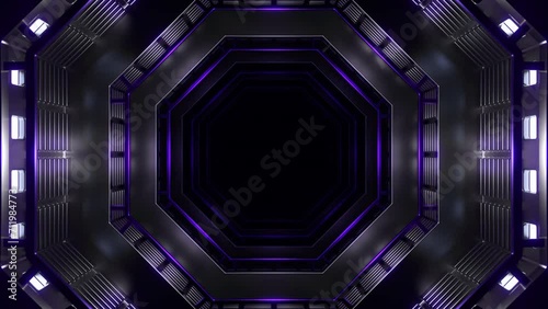 Futuristic tunnel with fluorescent lights. Design. Sci-fi interior corridor with neon lighting with hexagonal shapes. photo
