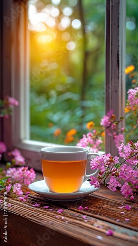 Close-up background of a tea cup on a windowsill