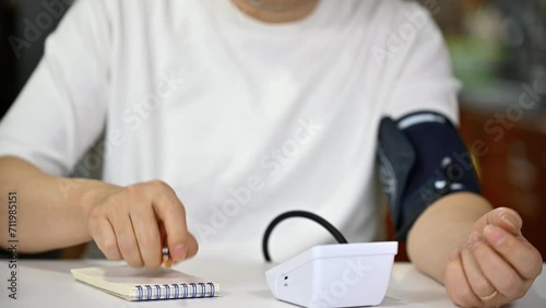 Middle-aged man using blood pressure monitor