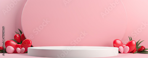 Minimal background, mock up with podium for product display,Abstract white geometry shape background minimalist Valentine's day pink background,Abstract mock up backgroundup 3D rendering. photo