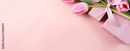 Mother's Day concept. Top view photo of stylish pink giftbox with ribbon bow and bouquet of tulips on isolated pastel pink background with copyspace © ebhanu