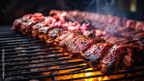 Grill the meat with a burner over a hot fire. photo