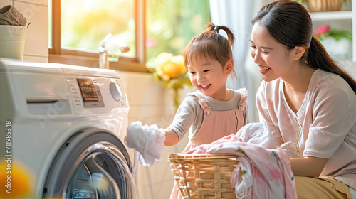 Smile asian woman sitting in front of a washing machine handing cloth from a basket to her cute daughter to smell after cleaning it in a laundry room at home. photo