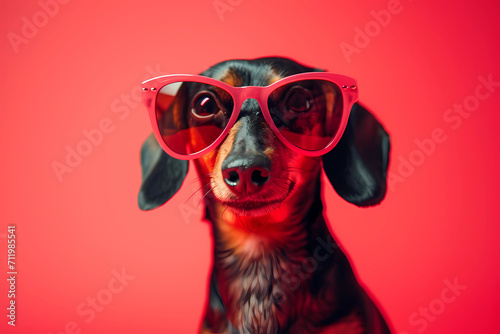dachshund wearing a pink heart shaped pair of sunglasses © Asep