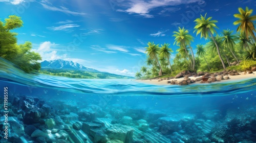 Underwater view with palm trees in beautiful mountains.
