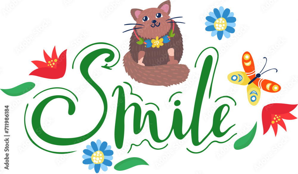 Cute otter sitting with flowers, hand-lettered word Smile with butterflies. Cheerful animal, playful nature scene vector illustration.