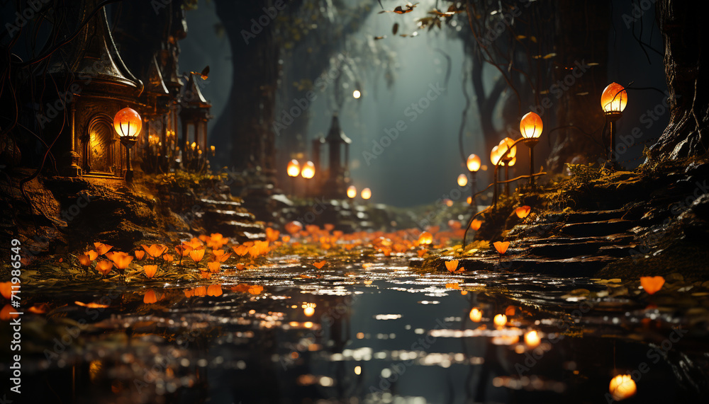 Spooky autumn night, lantern illuminates dark forest, Halloween celebration generated by AI Spooky autumn night, lantern illuminates dark forest, Halloween celebration generated by AI