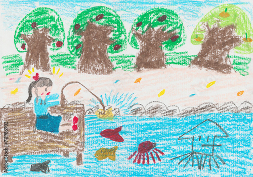 子供が描いた魚釣りの絵