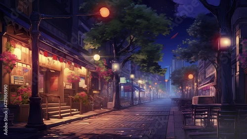 Animated illustration of a street in front of a busy traditional market with shops selling goods, with lights on at night. Can be used for sales activities. Background animation. photo