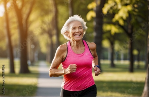 Portrait of a Senior female Jogger Running in a Park on a Health Trail. Healthy and Fit Elderly Man Enjoying Physical Activity and Staying in Shape from Generative AI