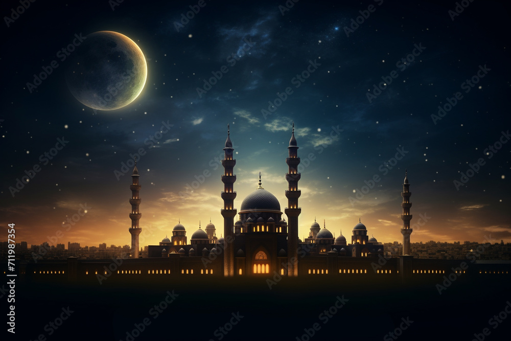 3D Illustration of Ramadan Kareem background with mosque