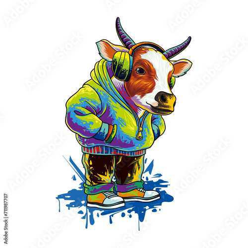 illustration of a cow listening to music in a colorful cartoon style
