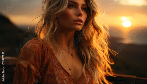 Young woman with long blond hair enjoying the sunset outdoors generated by AI