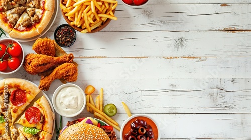 Junk food top border. Pizza, hamburgers, chicken wings and salty snacks. Above view over a white wood banner background photo
