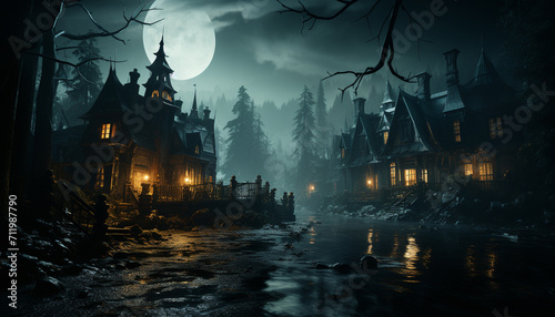 Spooky night, dark Halloween, horror outdoors, mystery architecture, old fog generated by AI