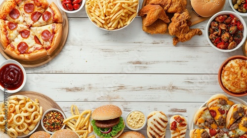 Junk food top border. Pizza, hamburgers, chicken wings and salty snacks. Above view over a white wood banner background