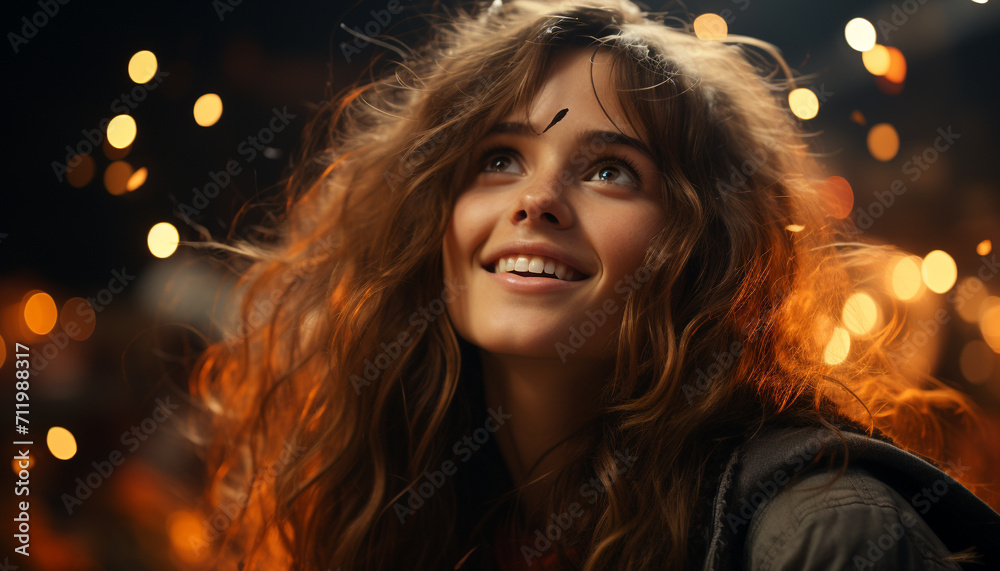 Smiling woman enjoys winter night, carefree and illuminated with joy generated by AI Smiling woman enjoys winter night, carefree and illuminated with joy generated by AI