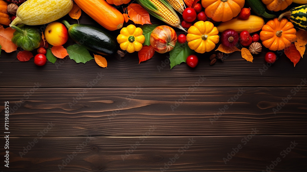 Autumn harvest concept. Seasonal fruits and vegetables on wooden background