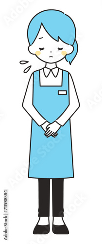 水色｜お辞儀をして謝罪する女性店員｜エプロン