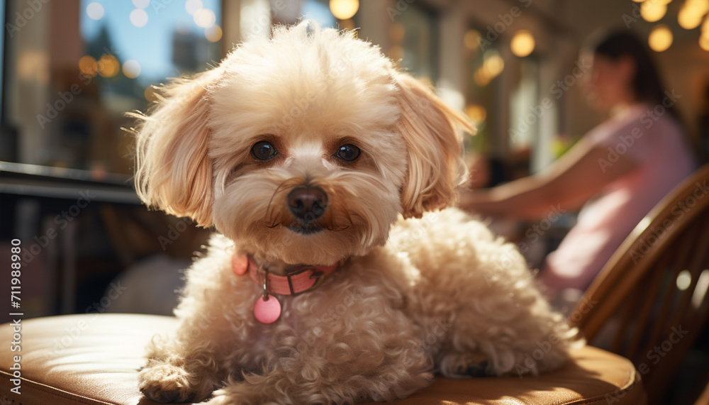 Cute puppy sitting, looking, small, fluffy, pampered, smiling, playful, happiness generated by AI Cute puppy sitting, looking, small, fluffy, pampered, smiling, playful, happiness generated by AI