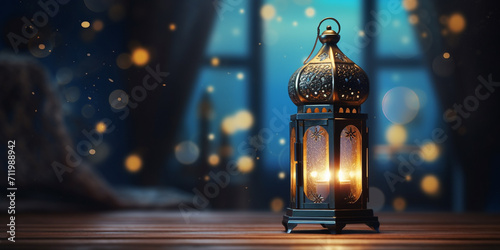 Ramadan Kareem background with golden lantern photo
