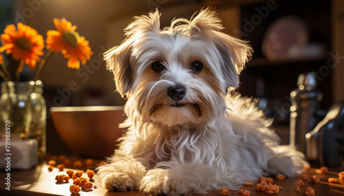 Cute puppy sitting on table, looking at camera, fluffy fur generated by AI