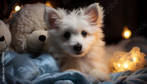 Cute small puppy sitting, looking at camera, indoors, cheerful and playful generated by AI © Jemastock