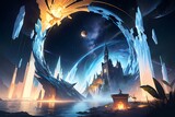 ゲームオープニング風異世界幻想ファンタジーお城と光イラスト