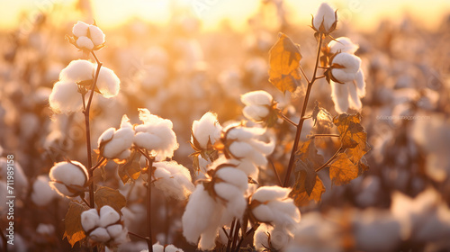 cotton field background ready for harvest under a golden sunset macro close ups of plants photo