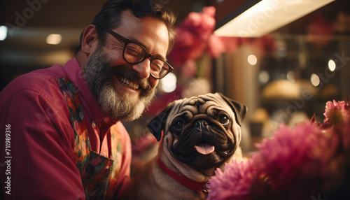 Smiling man with beard cuddles cute pug puppy outdoors generated by AI photo