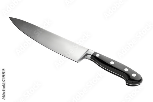 Isolated white background kitchen knife with a sharp stainless steel blade, black handle, and a shiny metallic finish