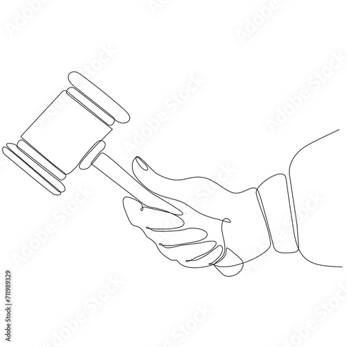 Continuous line drawing hand holding judge's hammer