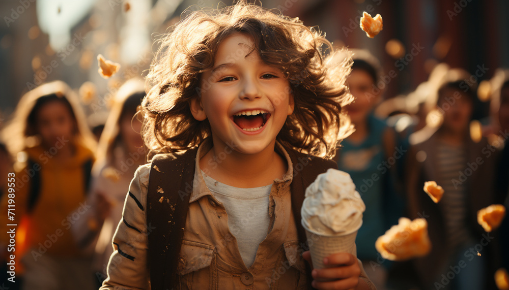 Smiling child enjoying ice cream outdoors, carefree and cheerful generated by AI