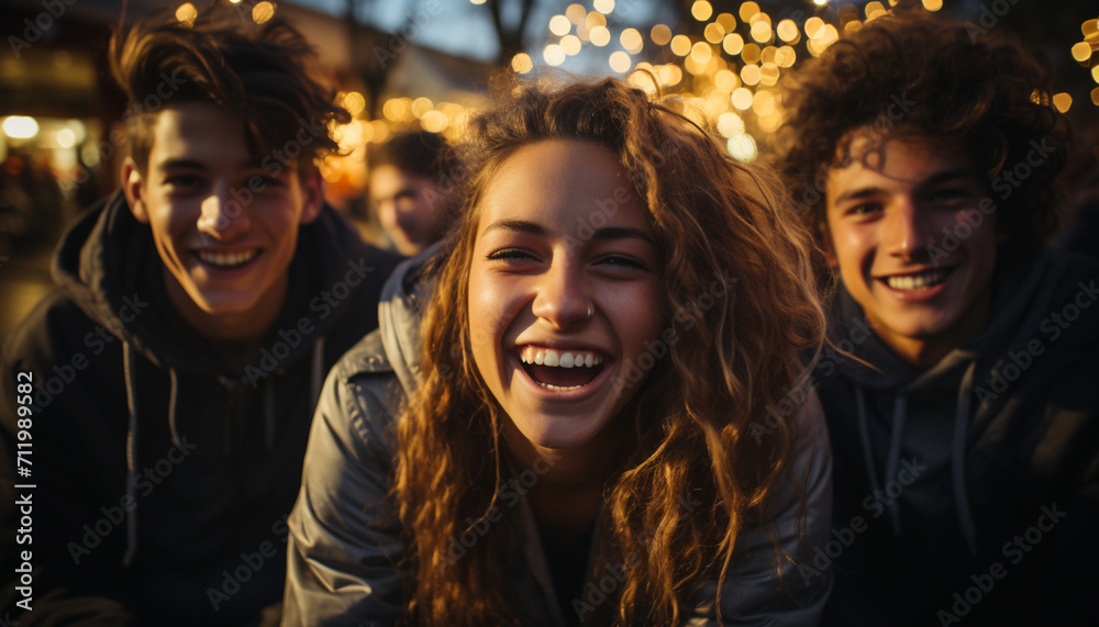 Smiling young adults, cheerful men and women, enjoying fun outdoors generated by AI