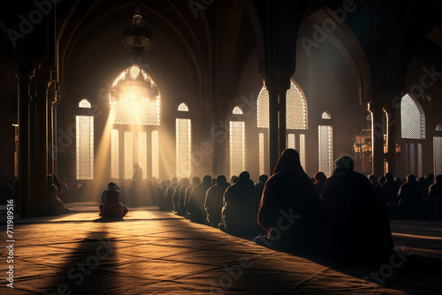 Muslim man praying in the mosque at sunrise. Ramadan Kareem background