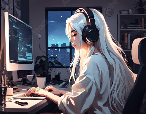 Blonde girl working on laptop and listening to music at night