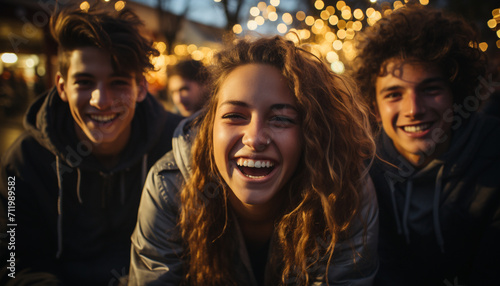 Smiling young adults, cheerful men and women, enjoying fun outdoors generated by AI