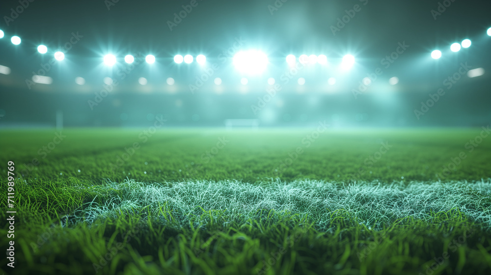 textured soccer game field with neon fog - center, midfield. grass field and blurred fans at playground view