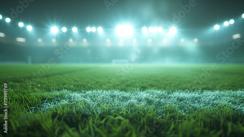 textured soccer game field with neon fog - center, midfield. grass field and blurred fans at playground view