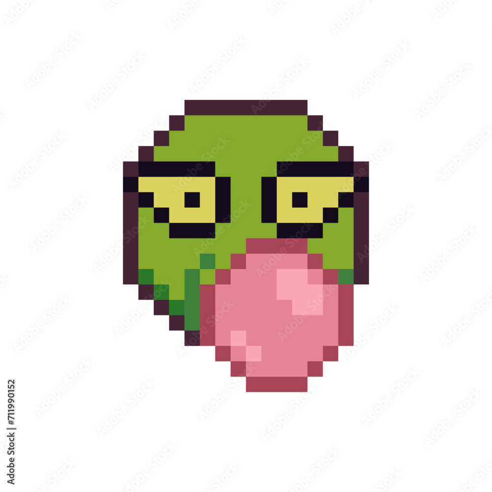 Fototapeta premium Emoticon pixel art face with pink gum ball, funny smiley cartoon character 8-bit style. Isolated abstract vector illustration.