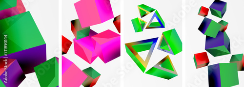 Flying 3d shapes, cubes and other geometric elements background design for wallpaper, business card, cover, poster, banner, brochure, header, website
