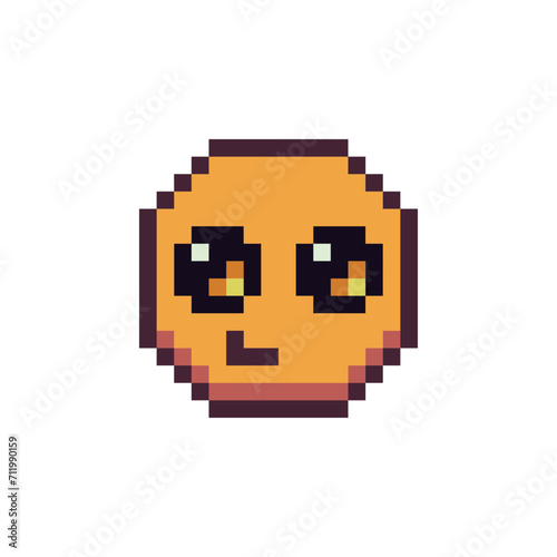 Yellow smile with cute eyes pixel art style icon, cartoon character. 8-bit style. Isolated abstract vector illustration. 