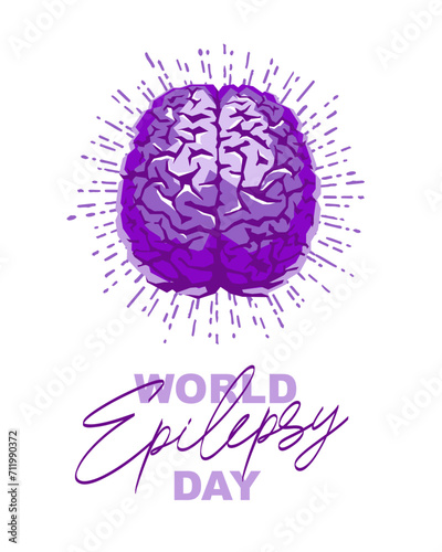 World Epilepsy Day. A purple brain exploding with sparks of tension. Brain disease. Vector illustration