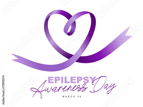 Epilepsy Awareness Day, March 26. The purple ribbon formed into a beautiful heart. Chronic brain disease.
