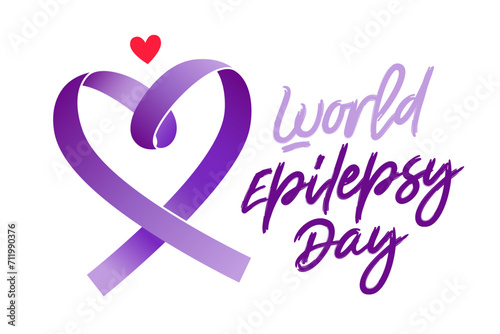 Stylish lettering is World Epilepsy Day. Purple ribbon in the shape of a heart. One of the most common neurological diseases in the world.