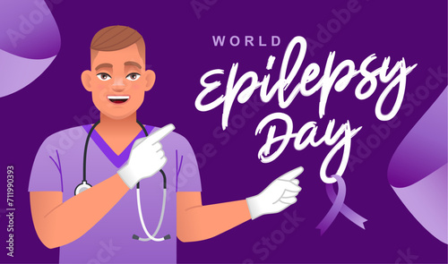Young nurse with a stethoscope points to the inscription - World Epilepsy Day, March 26. Purple ribbon. Brain disease.