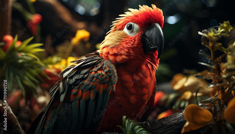 Obraz premium Vibrant macaw perched on branch, showcasing nature colorful beauty generated by AI