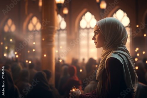 Muslim woman praying in mosque at night. Ramadan Kareem celebration concept