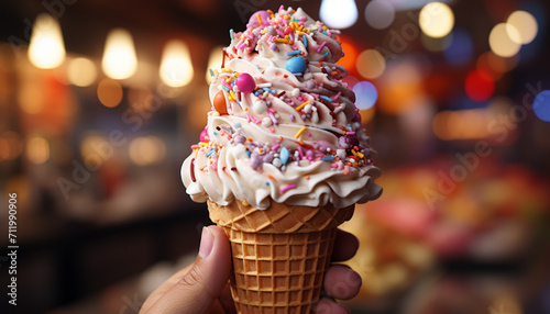 A person holding a colorful ice cream cone with joy generated by AI